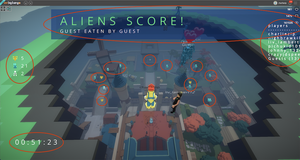 A screenshot of Escape the Aliens with UI elements circled.